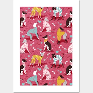 Greyhounds dogwalk // pattern // red background Posters and Art